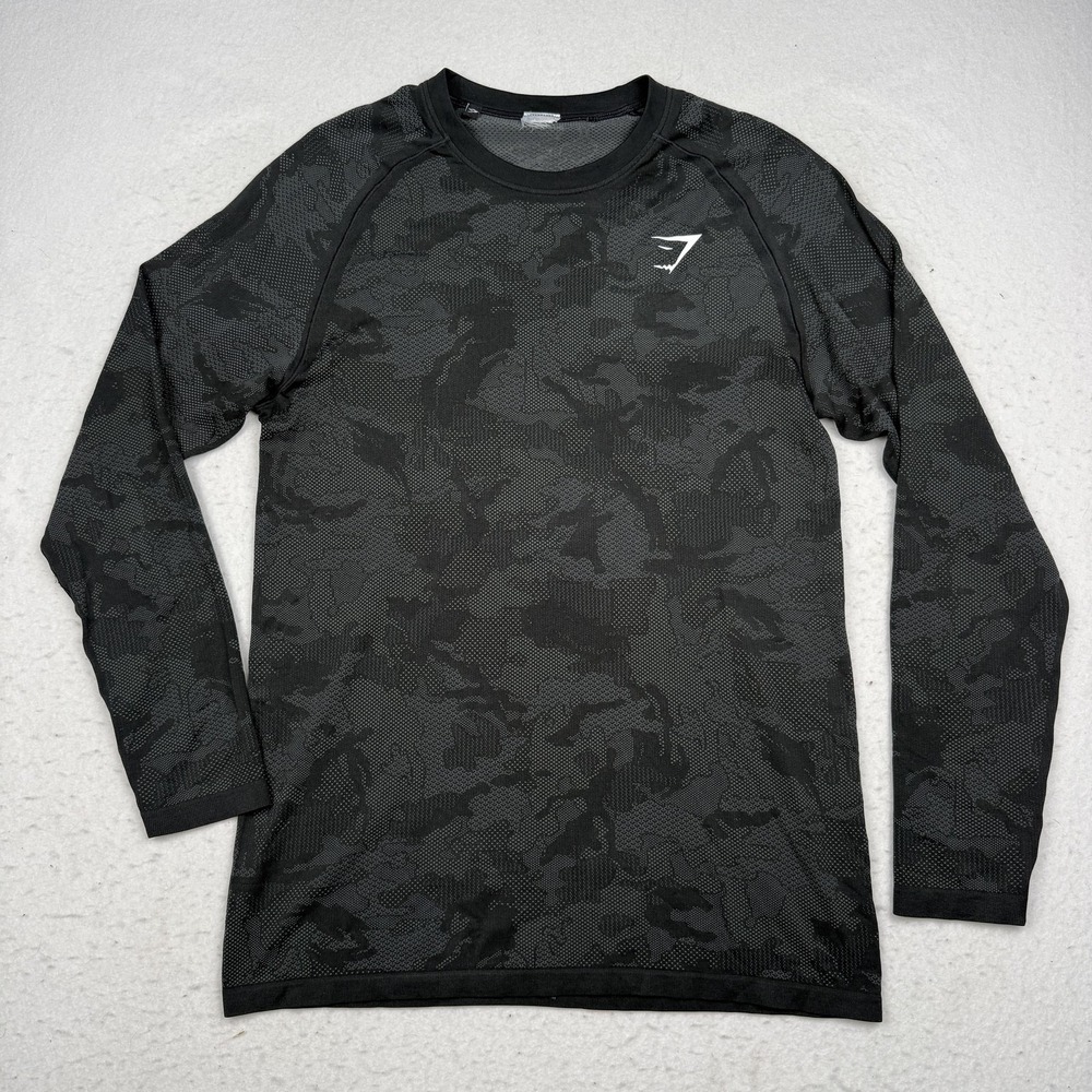 Gymshark Shirt Mens Medium Black Camo Long Sleeve Athletic Performance Top